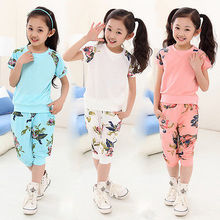 2016 New Sport suit Kid girl clothes sets Floral Short Sleeve Summer T-shirt Tops and Pants Outfits Set 6-11Y