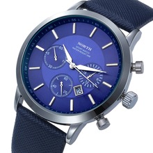 Hombre relojes de marca norte cuero genuino Dial de plata relojes de cuarzo para hombre deporte de la muñeca relojes shiping libre a prueba de agua