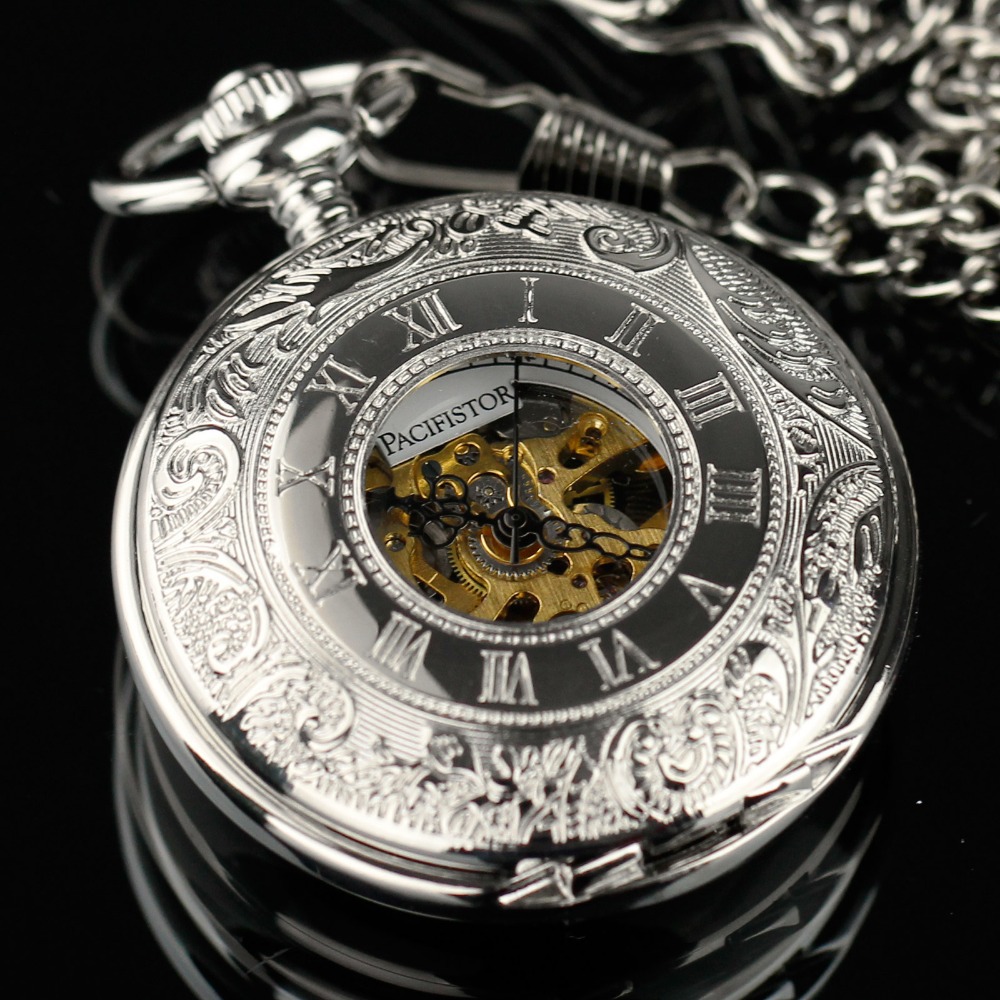 PACIFISTOR Pocket Watch Antique Mechanical Skeleton Dress Pocket Watch Necklace Pendant Chain Gift Silver Relogio 2015