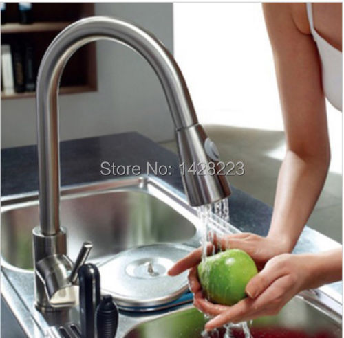 Luxury Deck Mounted Pull Out Dual Sprayer Kitchen Sink Mixer Tap  Faucet  Brushed Nickel Finished