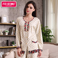 Spring Women Pajama Sets Knitted Cotton Sleep Lounge Full Sleeve Pyjama Round Neck Polka Dot Sleepwear