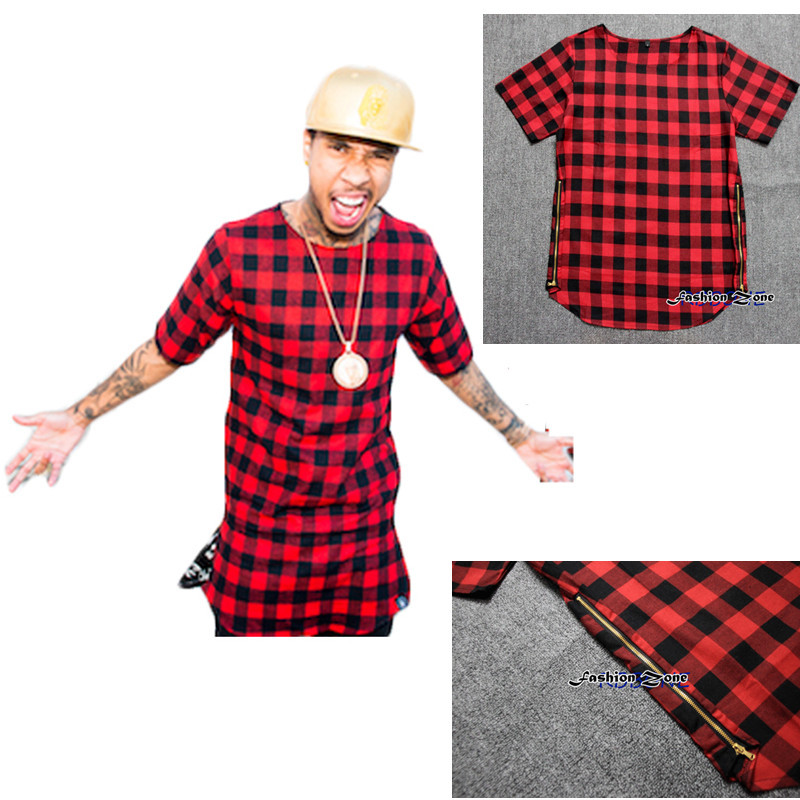 Side Zipper Plaid summer style last kings Man Hip Hop Hiphop Skakeboard Streetwear Swag Tshirt Tops Tees T shirt Men Tyga Style,in T,Shirts from Mens