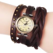 Drop shipping ,New Vintage Cowhide Spirally-Wound Leather Band Weave Braid Bracelet Wrist Watch with Rivet