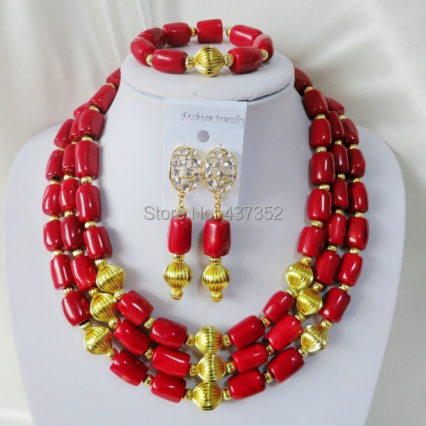 Handmade Nigerian African Wedding Beads Jewelry Set , Red Coral Beads Necklace Bracelet Earrings Set CWS-400