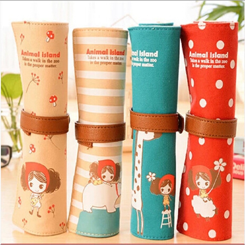 Kawaii Korean Style Curly Hair Girl Large Capacity Roll Pencil Bag Canvas Pencil Case pen Pocket