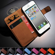 Genuine Leather Wallet Stand Design Case for iPhone 5 5S 5G Phone Bag Cover Luxury Book with Card Holder, Free Screen Protector