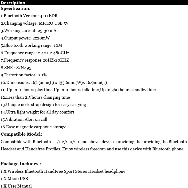 Wireless Bluetooth HandFree Sport Stereo Headset