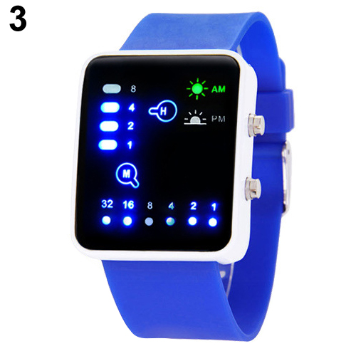 Гаджет  2015 New Mens Womens Binary Number Blue LED Wristwatches Silicone Band Quartz Wrist Watch None Часы