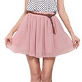 New 2016 Summer Skirts Women Solid Pleated elastic Belt Miniskirt Chiffon Lace European and American Style