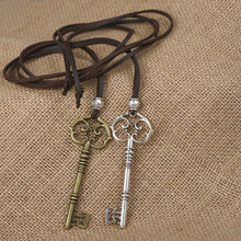 2016 new arrival fashion long leather key pendant vintage necklace women men jewelry leather rope necklaces