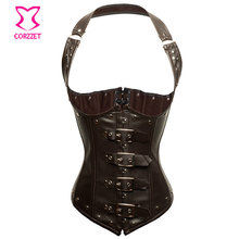 Brown Faux Leather Underbust Corset Steampunk Steel Boned Waist Training Corsets Women Halter Corpetes E Espartilhos Para Festa