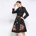 Top Fashion Women Winter Elegant Black Loose Trench Exquisite Flower Printed Outerwear Long Casual Coats High