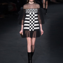 2016 European runway women’s fashin gauze black and white plaid cascading perspective flounce chequered dress stitching