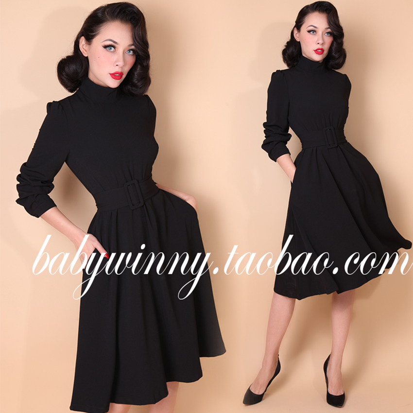 FREE SHIPPING 2015 New Winter Autumn Solid Black Vintage Maxi Dress Women Back Zipper Office Slim Ladies Online Clothing Store