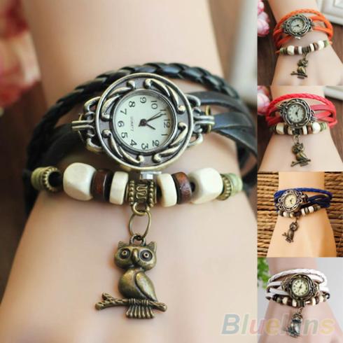Women Girls Retro Braided Leather Bracelet Owl Decoration Quartz Wrist Watch 2947