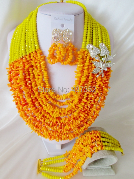 Fabulous Lemon Yellow and Orange Party Nigerian Wedding African Coral  Beads Jewelry Set Free Shipping CPS3690