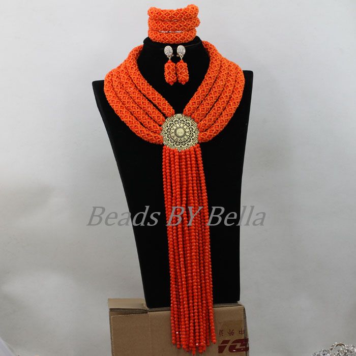 Luxury Bridal Jewelry Sets Nigerian Wedding African Beads Jewelry Orange Crystal Beads Women Necklace Set Free Shipping ABF755