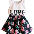 Girl 2pcs Suit Summer Clothing Set 2016 Kids Costume Baby Letter Shirt Tops Floral Skirt Clothes