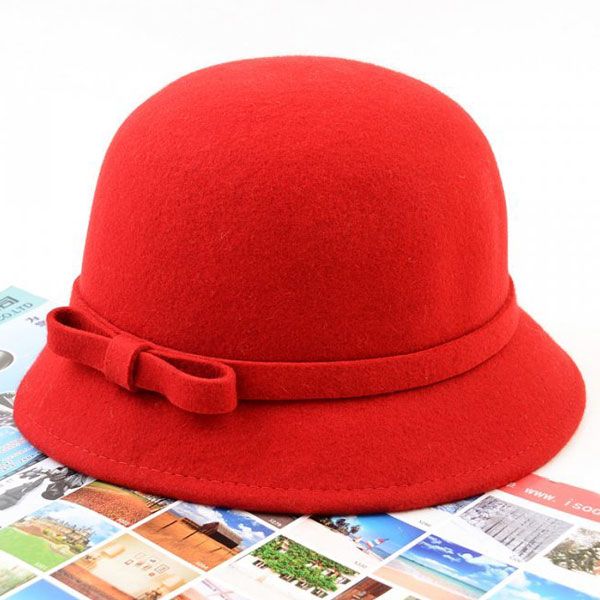 1 PC Cute Spring Women Floppy Solid Color Cloche Bowler Fedora Hat Wool Felt Bow Bowknot Cap Red/Black/Coffee/Wine Red/Camel