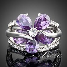 Platinum Plated SWA ELEMENTS Austrian Crystal Purple Flower Design Cubic Zirconia Ring FREE SHIPPING!(Azora TR0010)