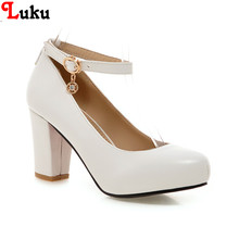 2016new arrival fashion spring high quality PU women shoes USA size to12.5 square heel round toe pumps buckle strap retro design