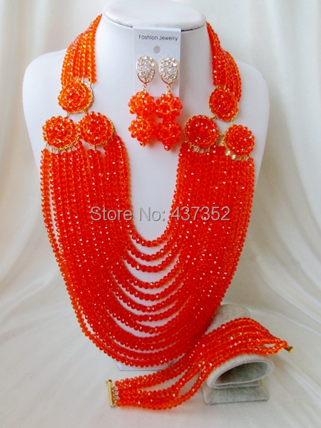 2015 New Fashion! Orange crystal beads necklaces costume nigerian wedding african beads jewelry sets NC2223