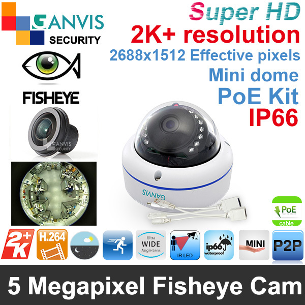 Fisheye lens 5mp IP camera mini dome, PoE cable kit, 360 degree wide angle, P2P cctv camera video surveillance GANVIS GV-T554F
