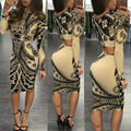 Fashion Women Long Sleeve Print Pencil Dress Winter Slim Bodycon Evening Party Mini Dress