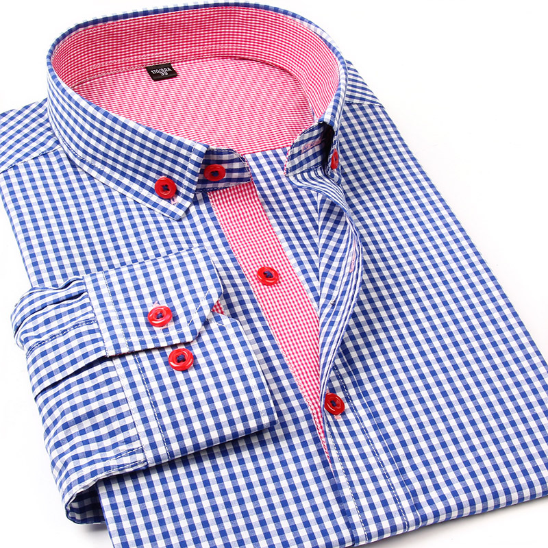 2015 New Fashion Men Casual Plaid Shirt Long Sleeve Contrast Color Turn down Collar Korean Style