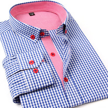 2015 New Fashion Men Casual Plaid Shirt Long Sleeve Contrast Color Turn-down Collar Korean Style Slim Fit Cotton Mens Shirts