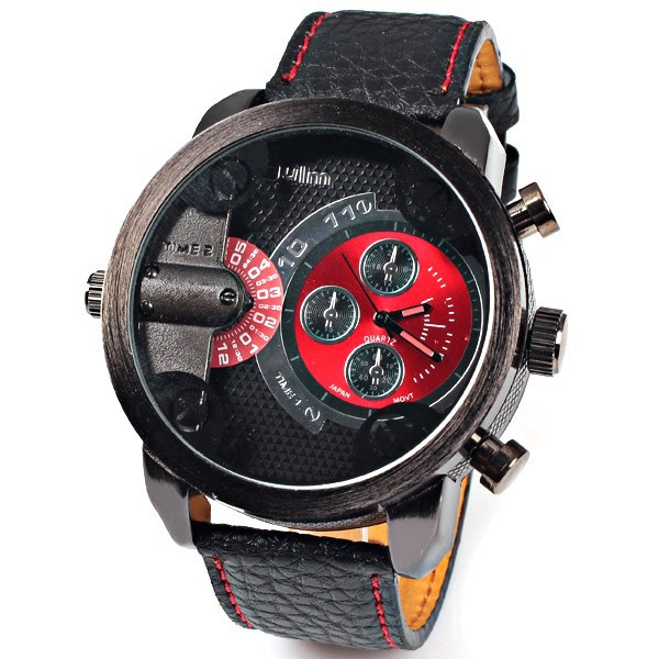 Oulm 3130 Men Military Watch with Double Movt Numbers and Strips Hours Marks Leather Band Quartz