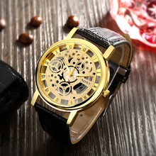 Classic Men’s Skeleton Hollow Shape Business Wrist Watch Fashion Pu Leather Metal Casual Round dial