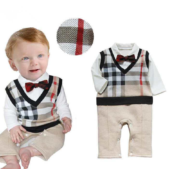 2015 hot sale baby boy gentleman Fake two jumpsuit baby clothing plaid baby rompers