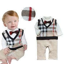2015 hot sale baby boy gentleman Fake two jumpsuit baby clothing plaid baby rompers