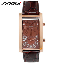 SINOBI Luxury Dual Movement Rhinestone Lovers Watch Genuine Leather Watches For Men Dual Time Quartz-watch Mens Clock