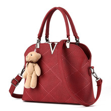Fashion Lovely Plush Bear Decoration Tote Bags PU Leather Plaid Handbags V Word Shell Thread Women Shoulder Messenger Bags