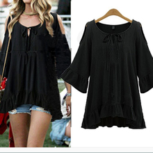 Women Girls Lady Summer Boho Style Hollow Shoulder Butterfly Sleeve Flounce Flare Blouse Loose Casual Crew Neck Bow Shirts Tops