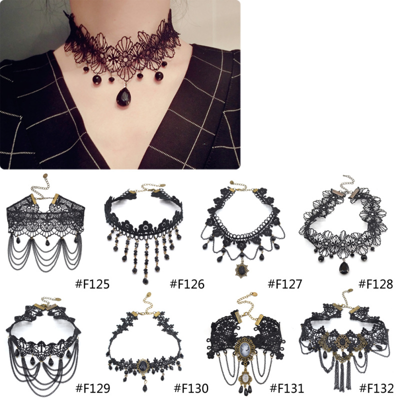 Black Bead Lace Choker Necklace Collar Gothic Victorian Vintage Style Jewellery