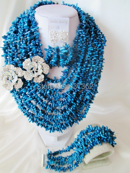 Fabulous Nigerian Wedding Coral Beads African Jewelry Set Navy blue Necklace Bracelet Earrings Set Free Shipping CWS-563