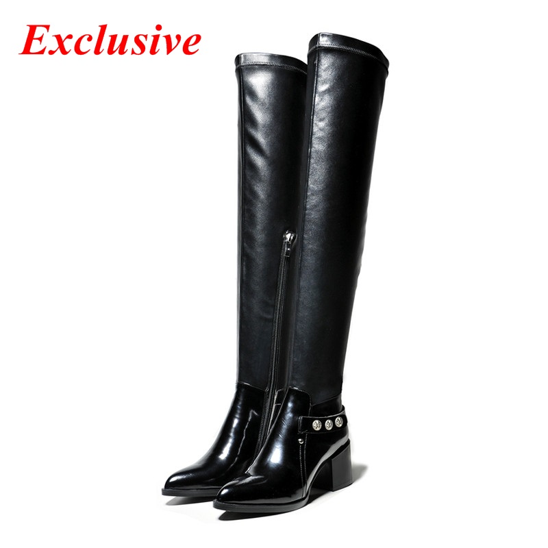 Pointed Toe Long Boots 2015 Low-heeled Knee Boots Full Grain Leather Zip Woman Shoe Winter Black Rivets Pointed Toe Long Boots