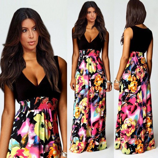 Women Maxi Dress Summer Dress 2015 Deep V-neck Sleeveless Floral Printed Dress Princess Dresses robe longue femme (1)