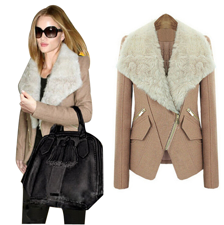 European Women Winter Jacket Long Sleeve Slim Woolen Outwear Casual Medium Winter Fur Collar Coats Zipper Basic Jackets