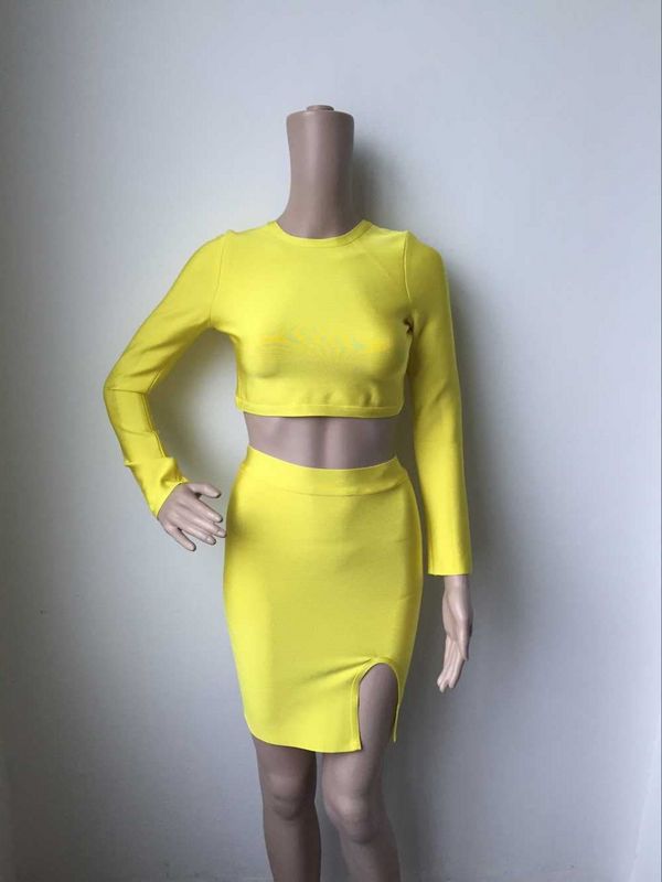 High Quality HL Yellow Long Sleeve 2 Pieces Bandage Dress Sexy Bodycon Backless Dress Evening Party Dress