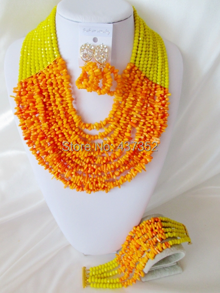 Handmade Lemon Yellow and Orange Party Nigerian Wedding African Coral  Beads Jewelry Set Free Shipping CPS3702