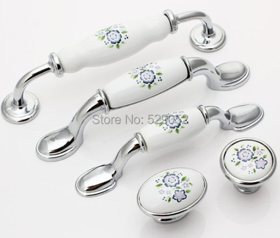 Ceramic Kitchen Cabinet Pulls Handles Knobs White Silver Blue Blossom / Dresser Drawer Pull Handles Knob Porcelain Door Handles
