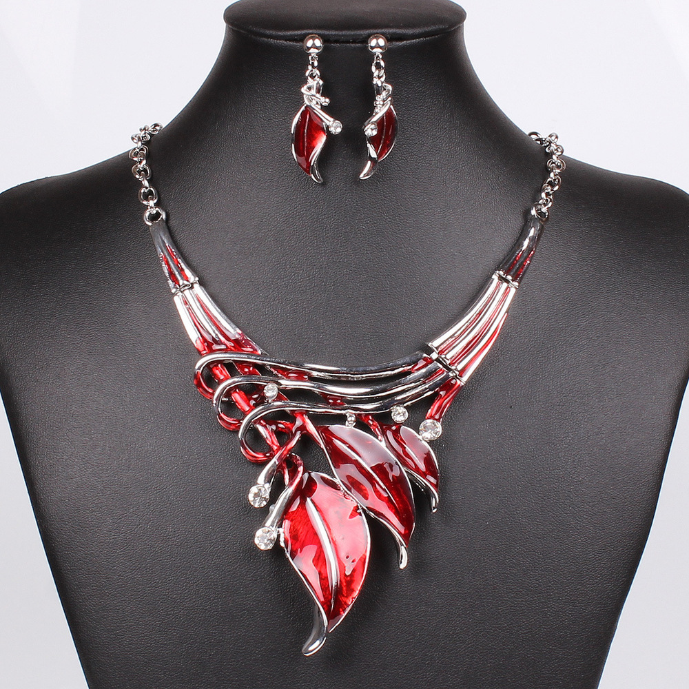 Красный ювелирные комплект фиолетовый ювелирные эмали себе ожерелье и серьги кристалл комплект ювелирных изделий мода листья никель бесплатно