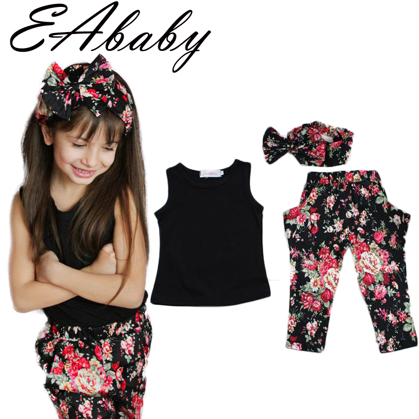 Summer style Girls Fashion floral casual suit children clothing set sleeveless outfit headband 2015 summer new