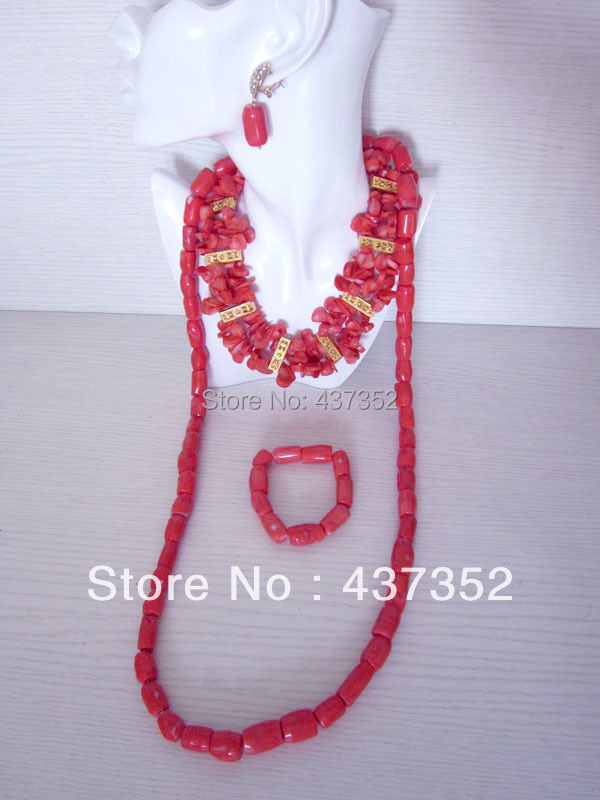 New Design Fashion Nigerian Wedding African Pink Coral Beads Jewelry Set Necklace Bracelet Clip Earrings CWS-180