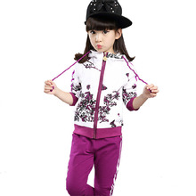 Kids Tracksuit For Girls Age 6-14 Floral Zipper Kids Hoodies+Pants Girls Sport Suit 2015 Winter Girls Clothes 291