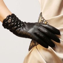 Hot Sale 2016 Winter Gloves Women Wrist Elastic Genuine Leather Lambskin Solid Fashion Dressing Glove Free